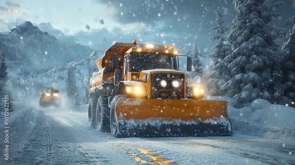 Snow Plow Clearing a Snowy Road in a Mountainous Landscape Snow Plow Clearing a Snowy Road in a Mountainous Landscape