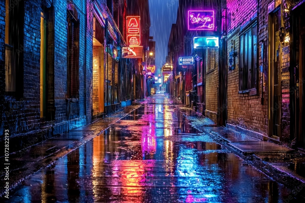 An alleyway with neon signs glowing through the rain, the reflections dancing on the wet pavement, giving a moody, cinematic feel. An alleyway with neon signs glowing through the rain, the reflections dancing on the wet pavement, giving a moody, cinematic feel.