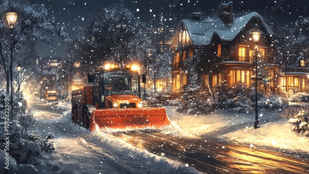 Snow Plow Clearing a Snowy Street at Night Snow Plow Clearing a Snowy Street at Night