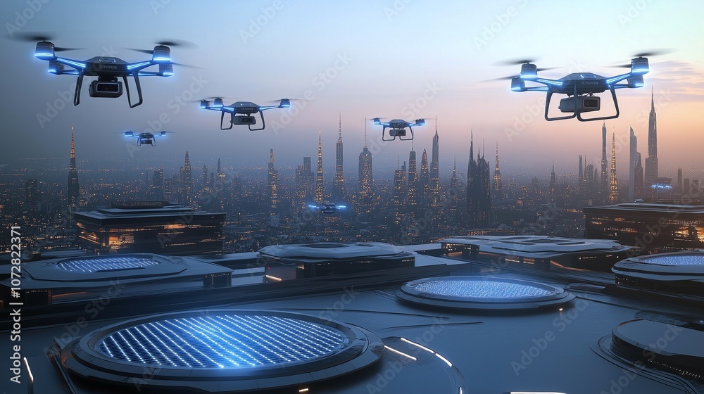 A fleet of autonomous electric delivery drones flying over a modern cityscape, powered by solar-charging pads on rooftops. A fleet of autonomous electric delivery drones flying over a modern cityscape, powered by solar-charging pads on rooftops.