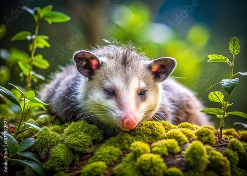 Serene Opussum in Natural Habitat: A Portrait Capturing the Art of Play Possum, Showcasing the Calm and Tranquility of an Opossum Lying Still to Avoid Attention photo