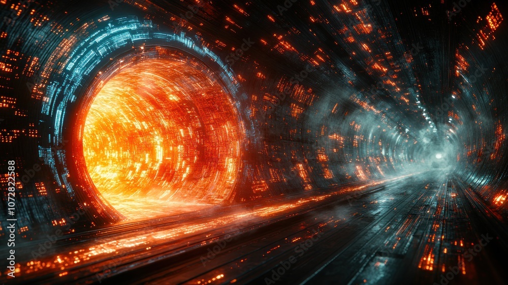 A futuristic tunnel with glowing orange and blue lights. A futuristic tunnel with glowing orange and blue lights.