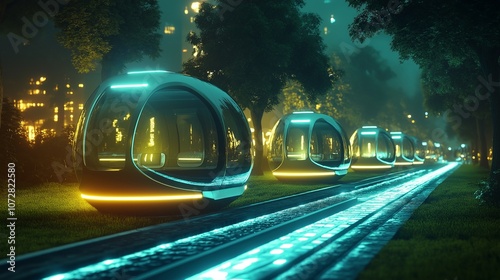 A futuristic city designed with electric public transport pods that glide silently along their paths, powered by an underground renewable energy grid.  photo