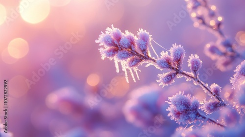 Frost-Covered Branch with Pink and Purple Bokeh Background