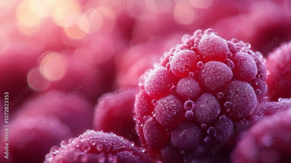 Dew-Covered Raspberry Close-Up with Bokeh Background Dew-Covered Raspberry Close-Up with Bokeh Background