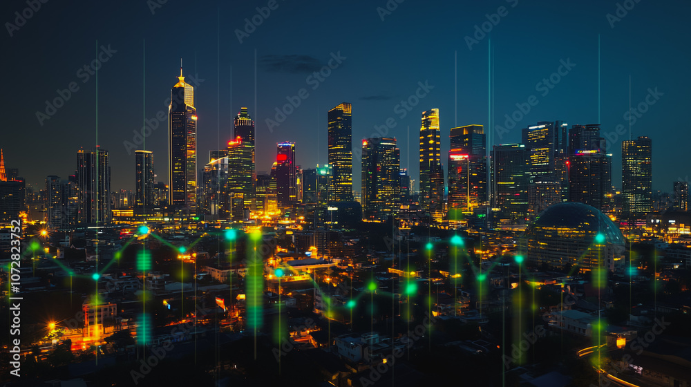 Fototapeta premium Smart digital Innovation Business skyscrapers in the Financial District with connection network reciprocity over the cityscape. of future smart wireless digital city and social media networking