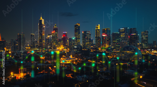 Wallpaper Mural Smart digital Innovation Business skyscrapers in the Financial District with connection network reciprocity over the cityscape. of future smart wireless digital city and social media networking Torontodigital.ca