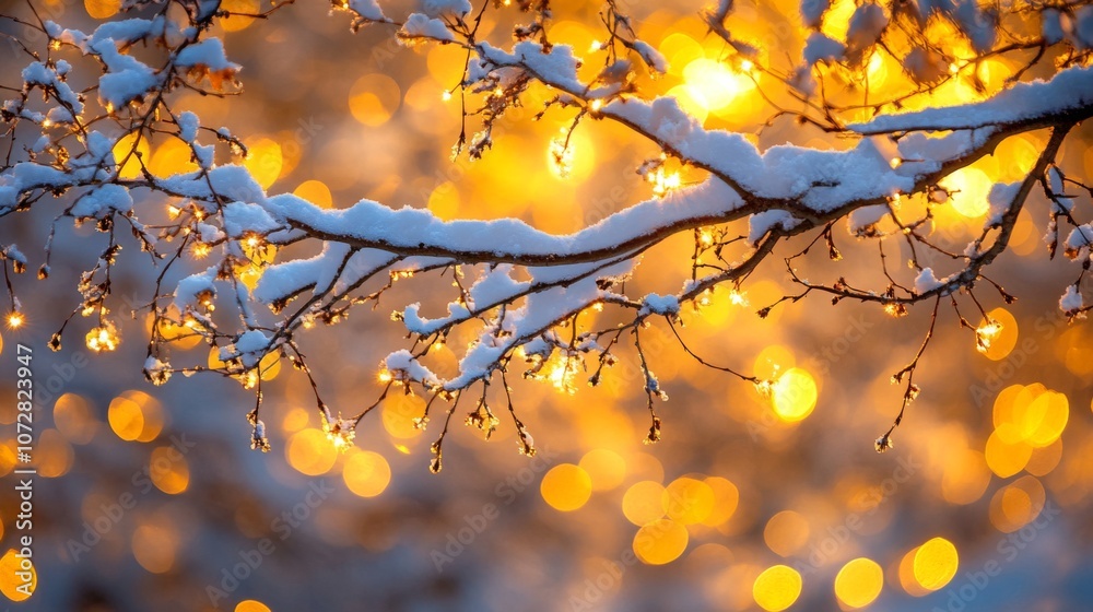 Snow-Covered Tree Branch with Warm Bokeh Lights