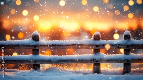 Snowy Wooden Fence with Golden Bokeh Lights and Snowflakes