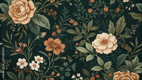 Dark green floral pattern with earthy tones and a mix of large and small flowers, leafy, rich
