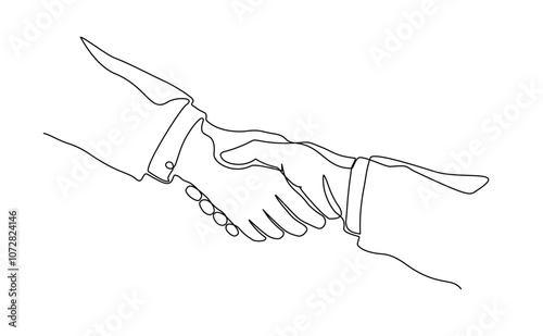 Continuous hand drawn of two people shaking hands isolated on white background, Business handshake vector illustration of two hands shaking, Businessman shaking hands, Editable stroke