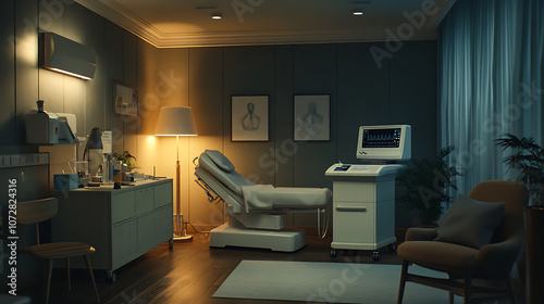 Quiet medical clinic with ultrasound machine, somber mood, calm lighting, 8k, hyper realistic, real life based