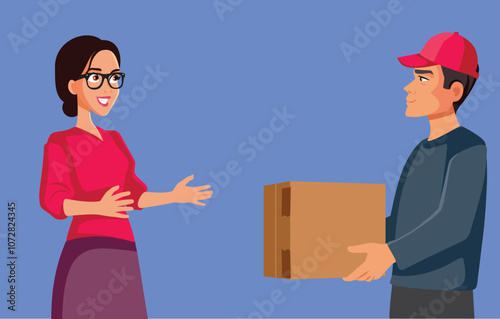 Woman Receiving a Package from Delivery Man on Time Vector Illustration. Satisfied customer being given online order from a deliveryman 
