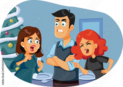 Angry Family Fighting at Christmas Dinner vector Cartoon Illustration. Mistress and wife fighting over a man at the xmas table 
