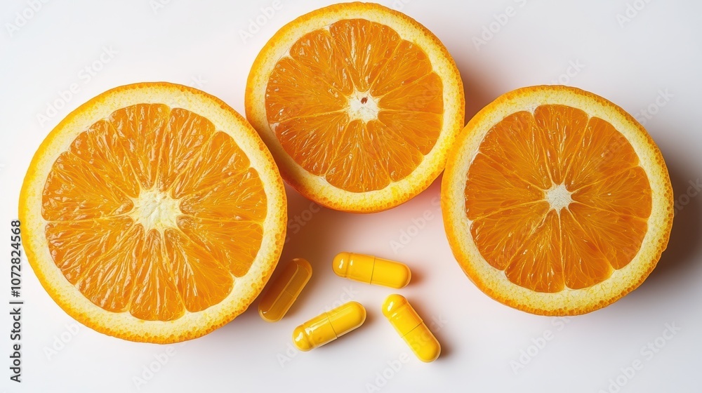 Fototapeta premium Vitamin C pills next to fresh oranges on a solid white background