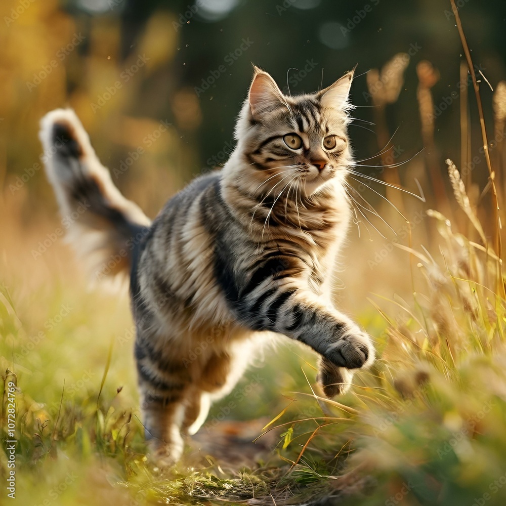 Exploring the Outdoors: A Curious Tabby Cat Runs Through a Tranquil Field, Bathed in Warm Sunlight