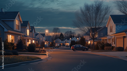 Residential street with suburban homes, warm evening glow, 8k, hyper realistic, real life based. photo