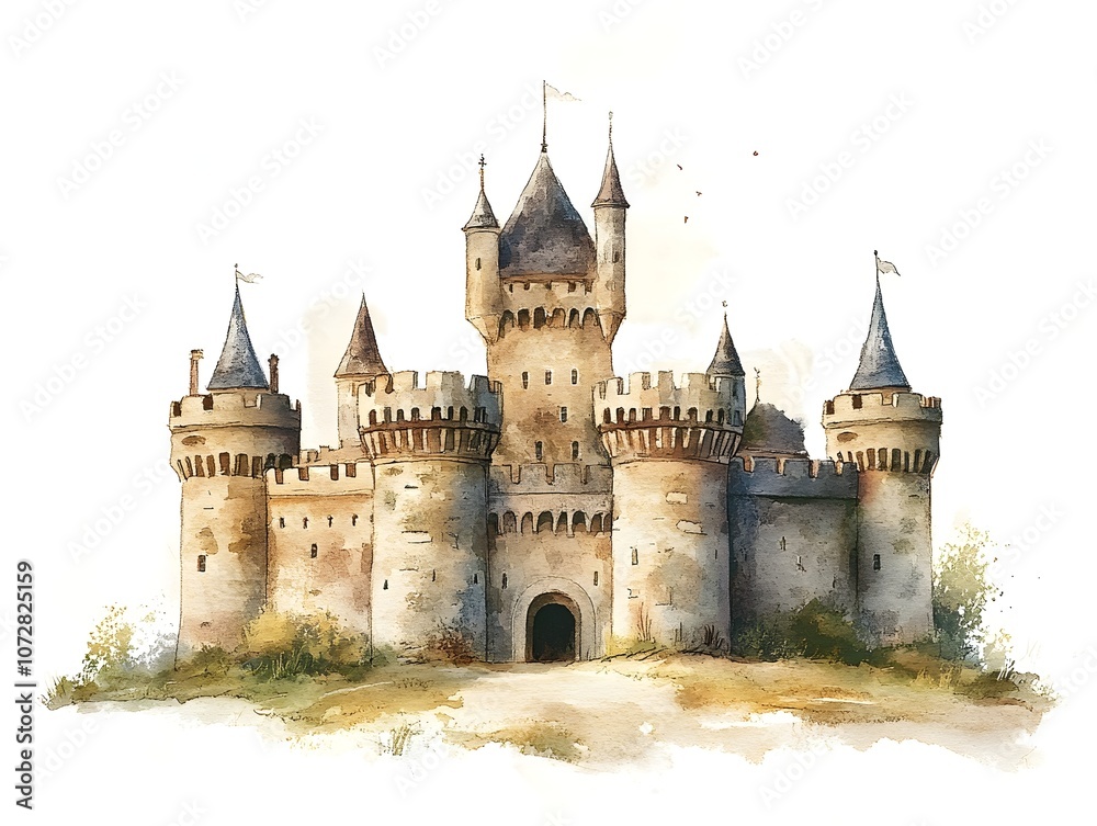 A watercolor illustration of a fairy castle on a white background A watercolor illustration of a fairy castle on a white background
