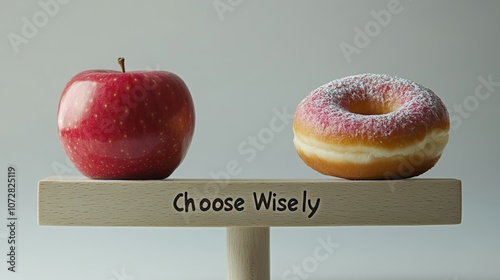 A table with an apple and a donut with a card writing "What is your choice?"