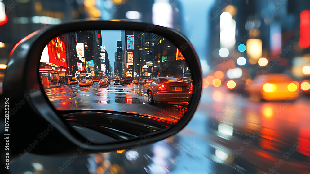 Reverse view of car in rearview mirror, city street reflection, 8k, hyper realistic, real life based. Reverse view of car in rearview mirror, city street reflection, 8k, hyper realistic, real life based.