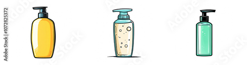 Collection of Stylized Shampoo and Body Wash Bottles on Transparent Background for Beauty and Personal Care Concept Illustrations