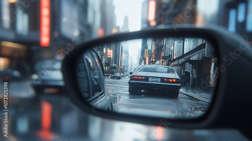 Reverse view of car in rearview mirror, city street reflection, 8k, hyper realistic, real life based.