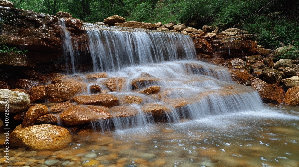 Fototapeta premium A serene waterfall cascading over rocks in a lush green setting.
