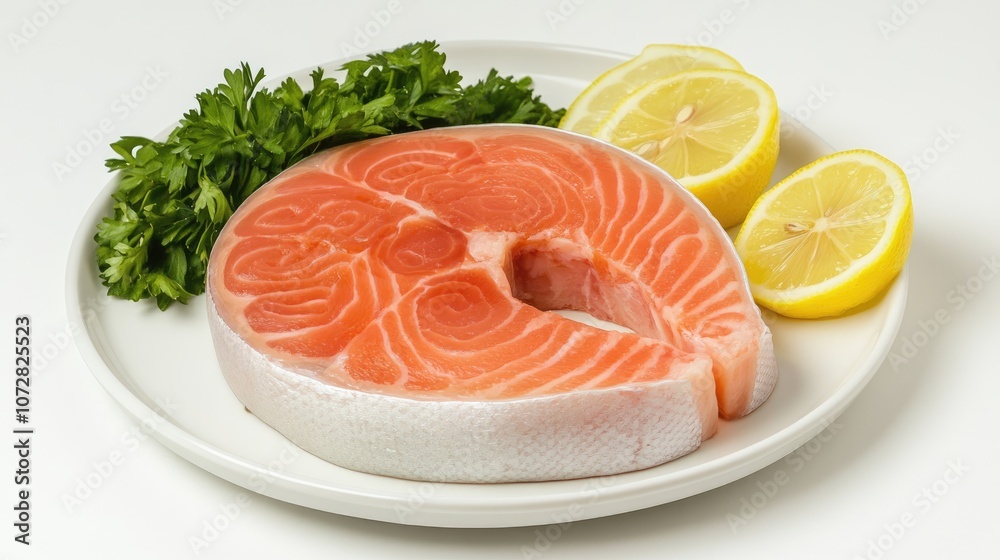 Fresh Salmon Slice with Lemon and Parsley Garnish Fresh Salmon Slice with Lemon and Parsley Garnish