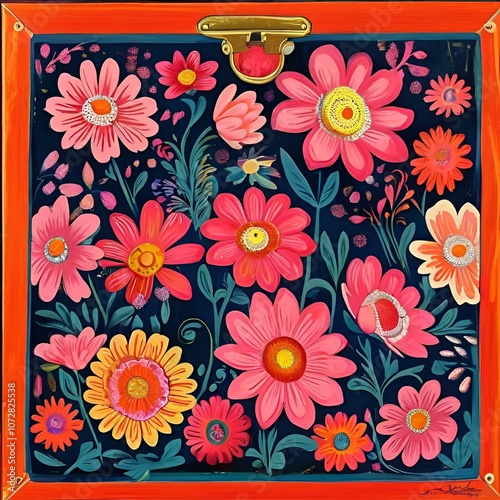 Vibrant floral painting with pink, orange, yellow, and red flowers, framed in gold with a hand-drawn, lively style.