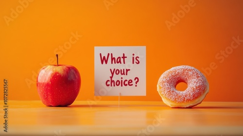 A table with an apple and a donut with a card writing "What is your choice?"