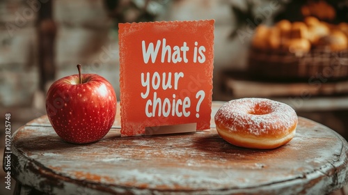 A table with an apple and a donut with a card writing "What is your choice?"