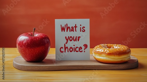 A table with an apple and a donut with a card writing "What is your choice?"