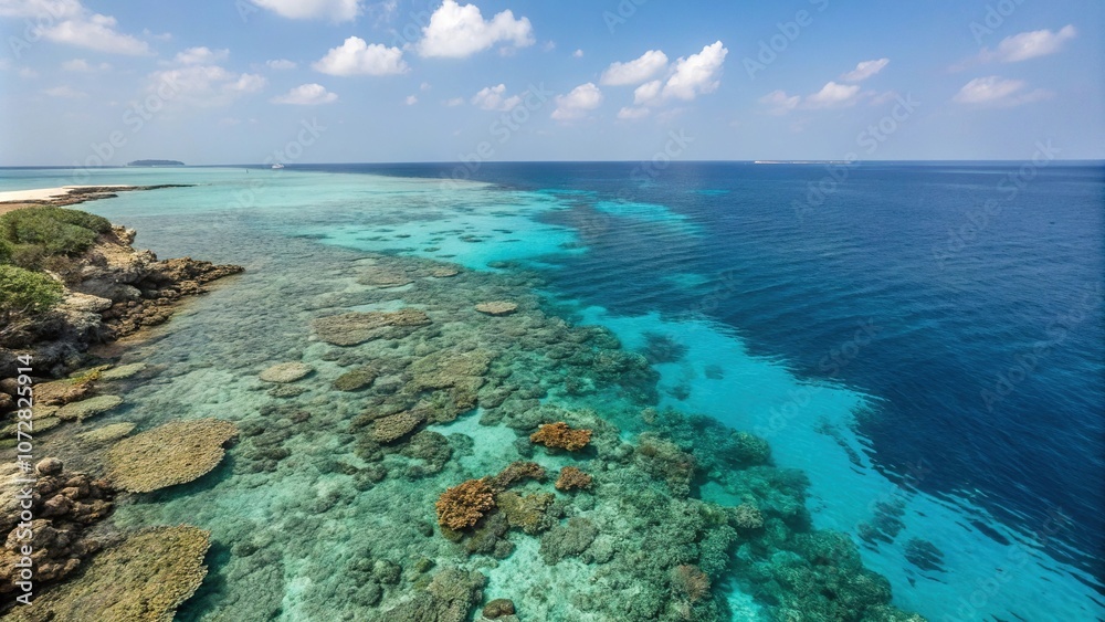 Deep turquoise water with vibrant coral reef structures on the seabed, fading into a blue horizon, marine life, oceanic vista Deep turquoise water with vibrant coral reef structures on the seabed, fading into a blue horizon, marine life, oceanic vista