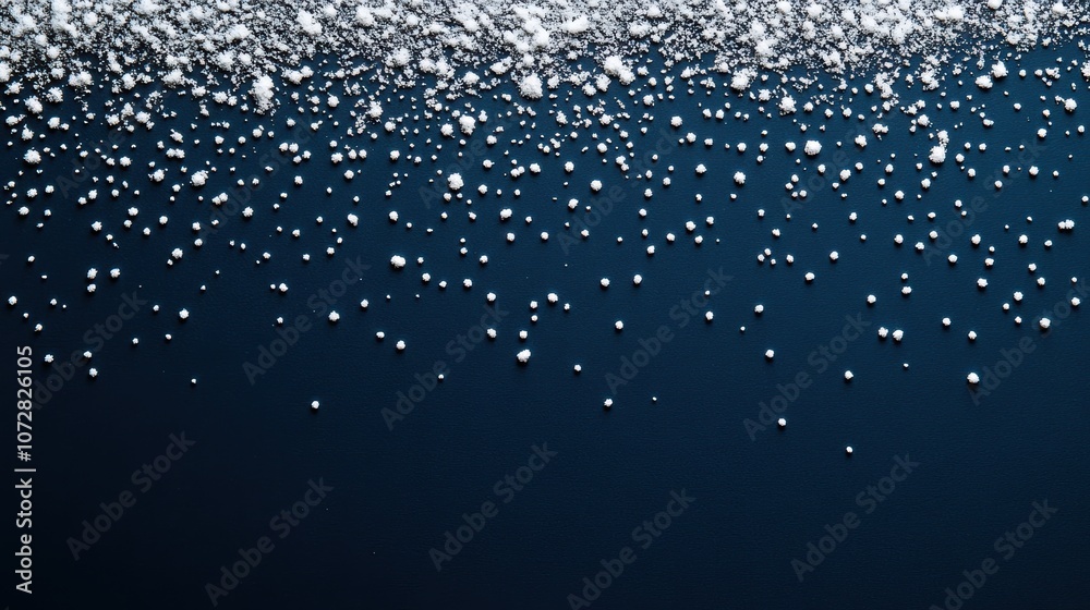 An abstract representation of falling snow using white dots on a solid navy blue background