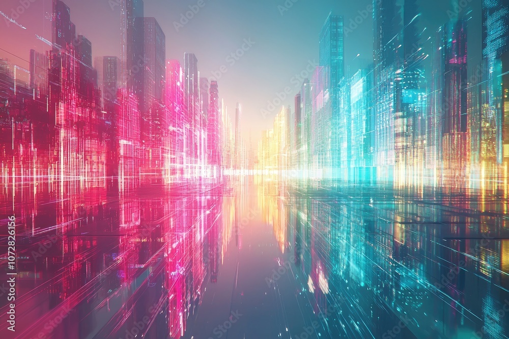 Fototapeta premium A Futuristic Cityscape with Vibrant Neon Lights Reflecting on Water, Creating an Ethereal Atmosphere of Modern Urban Development at Dawn