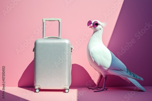 Playful White Pigeon with Stylish Sunglasses Beside a Trendy Silver Suitcase on a Vibrant Pink Background for Creative Travel Concepts photo