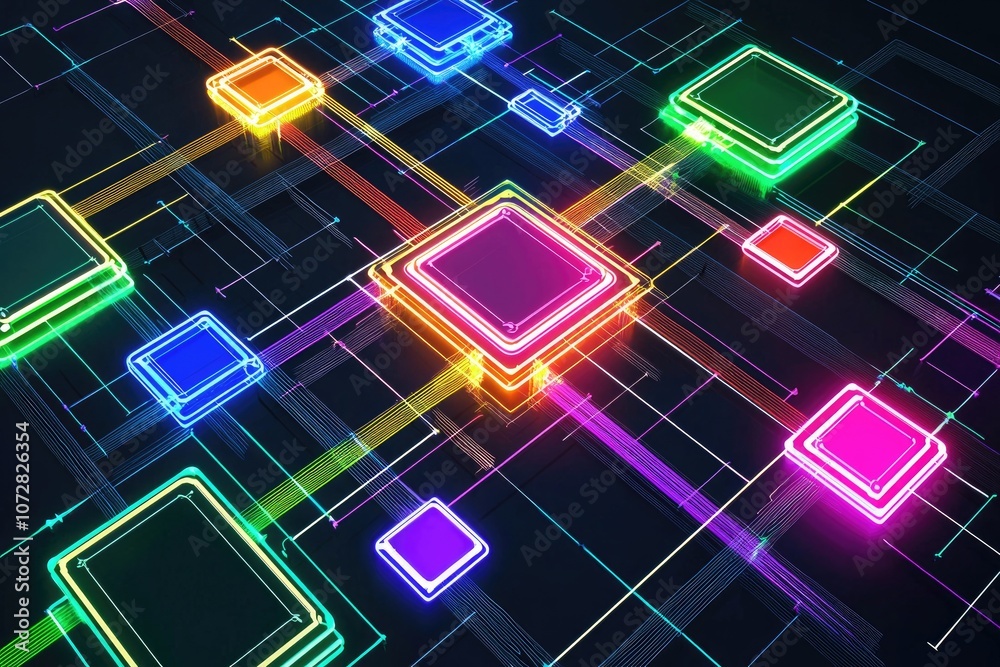 Neon Circuit Board with Colorful Microchips and Bright Lines on Dark Background, Futuristic Technology Concept for Digital Art and Design Projects Neon Circuit Board with Colorful Microchips and Bright Lines on Dark Background, Futuristic Technology Concept for Digital Art and Design Projects