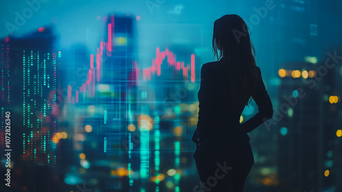 Wallpaper Mural Abstract business woman stands on the peak of success amid tall, innovative Smart city and graphs with statistics to analyze business potential and predict future developments in company growth.	
 Torontodigital.ca