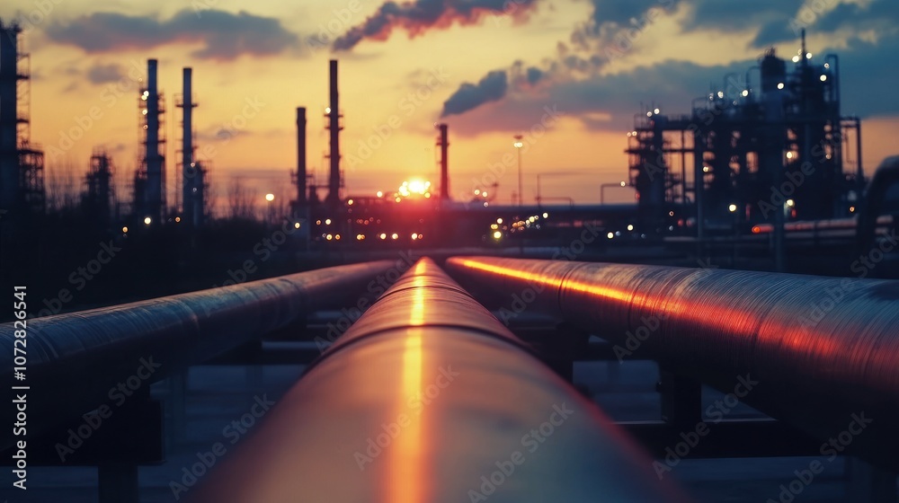 Industrial Oil and Gas Pipeline at Sunset with Refinery Background Industrial Oil and Gas Pipeline at Sunset with Refinery Background