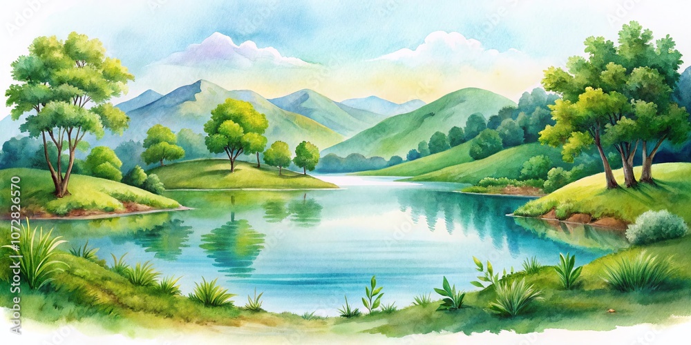 Serene Watercolor Landscape Illustration of a Tranquil Lake Surrounded by Lush Greenery, Perfect for Art Lovers and Nature Enthusiasts on a White Background Serene Watercolor Landscape Illustration of a Tranquil Lake Surrounded by Lush Greenery, Perfect for Art Lovers and Nature Enthusiasts on a White Background