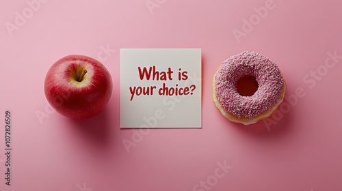 A table with an apple and a donut with a card writing "What is your choice?"