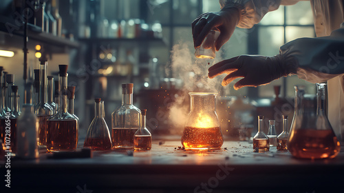 Scientist mixing ingredients in lab for remedy, precise steps, 8k, hyper realistic, real life based photo