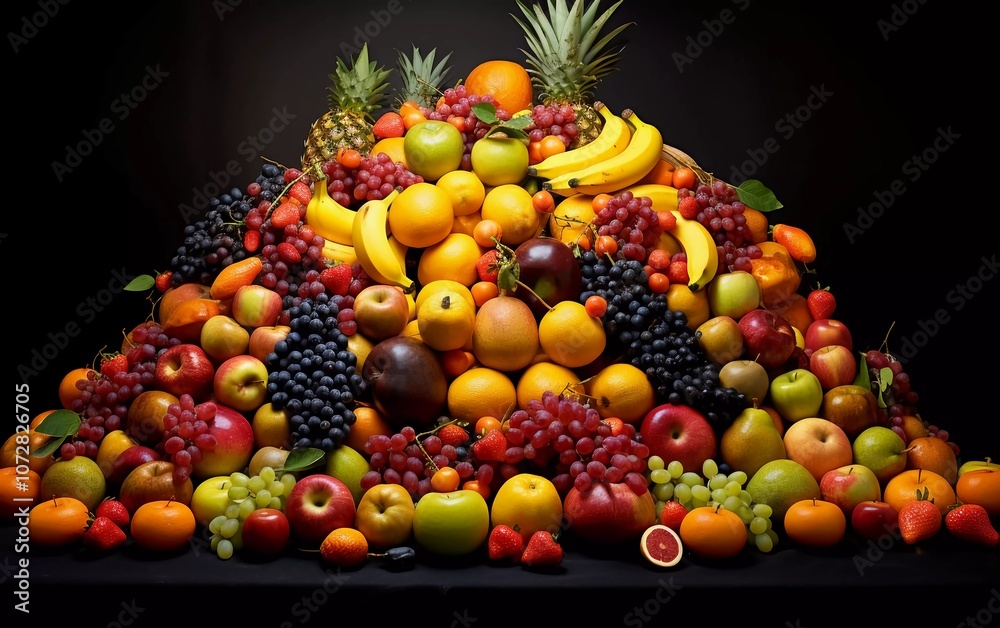 A vibrant display of assorted fruits arranged in a colorful mound against a dark background. A vibrant display of assorted fruits arranged in a colorful mound against a dark background.