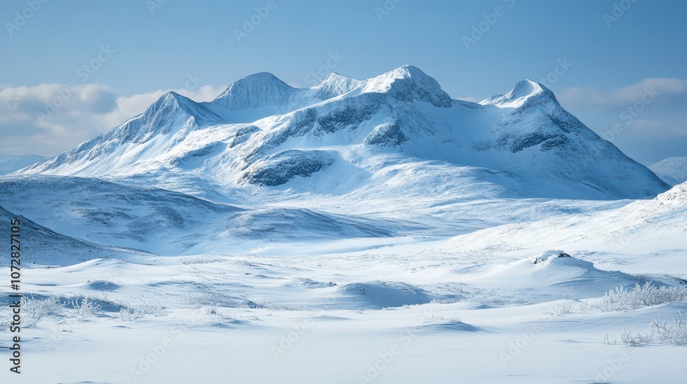 Winter landscape of snow-covered mountains under a clear sky, style landscape Winter landscape of snow-covered mountains under a clear sky, style landscape