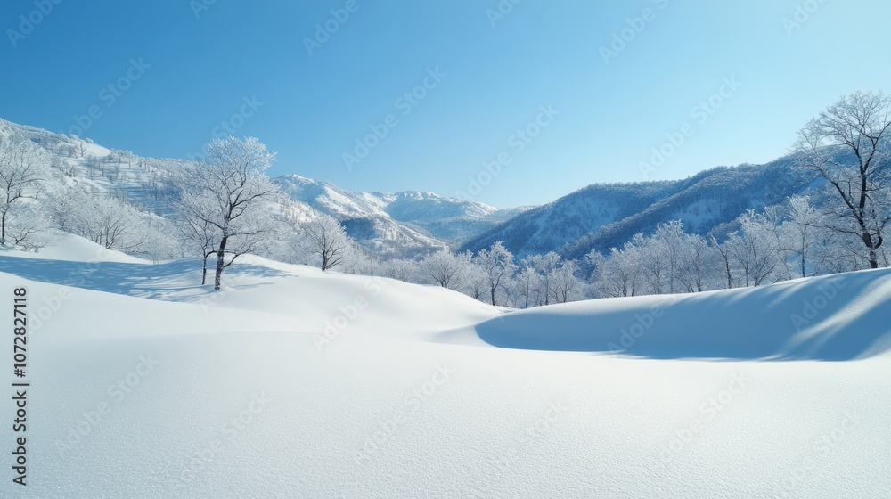 Winter landscape of snow-covered mountains under a clear sky, style landscape Winter landscape of snow-covered mountains under a clear sky, style landscape