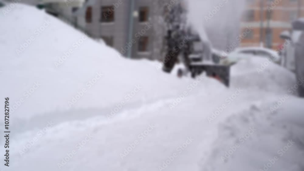 A janitor removes snow on the street near a house using a snow blower A janitor removes snow on the street near a house using a snow blower