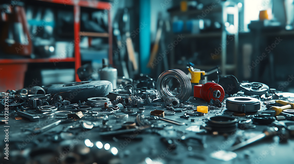 Spare parts scattered across a mechanic's workshop, tools glinting, 8k, hyper realistic, real life based Spare parts scattered across a mechanic's workshop, tools glinting, 8k, hyper realistic, real life based