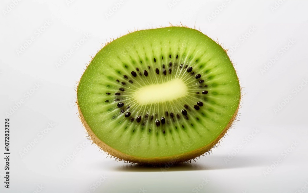 A sliced kiwi showcasing its vibrant green flesh and black seeds against a plain background.