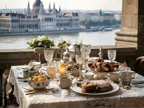 A balcony table set with pastries, fruit, and flowers, offering a serene view of the Danube River and Hungarian Parliament.