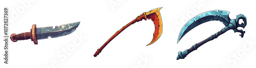 A Collection of Unique Fantasy Weapons Featuring a Dagger, a Scythe, and a Bone-Inspired Sword for Video Games and Illustrations